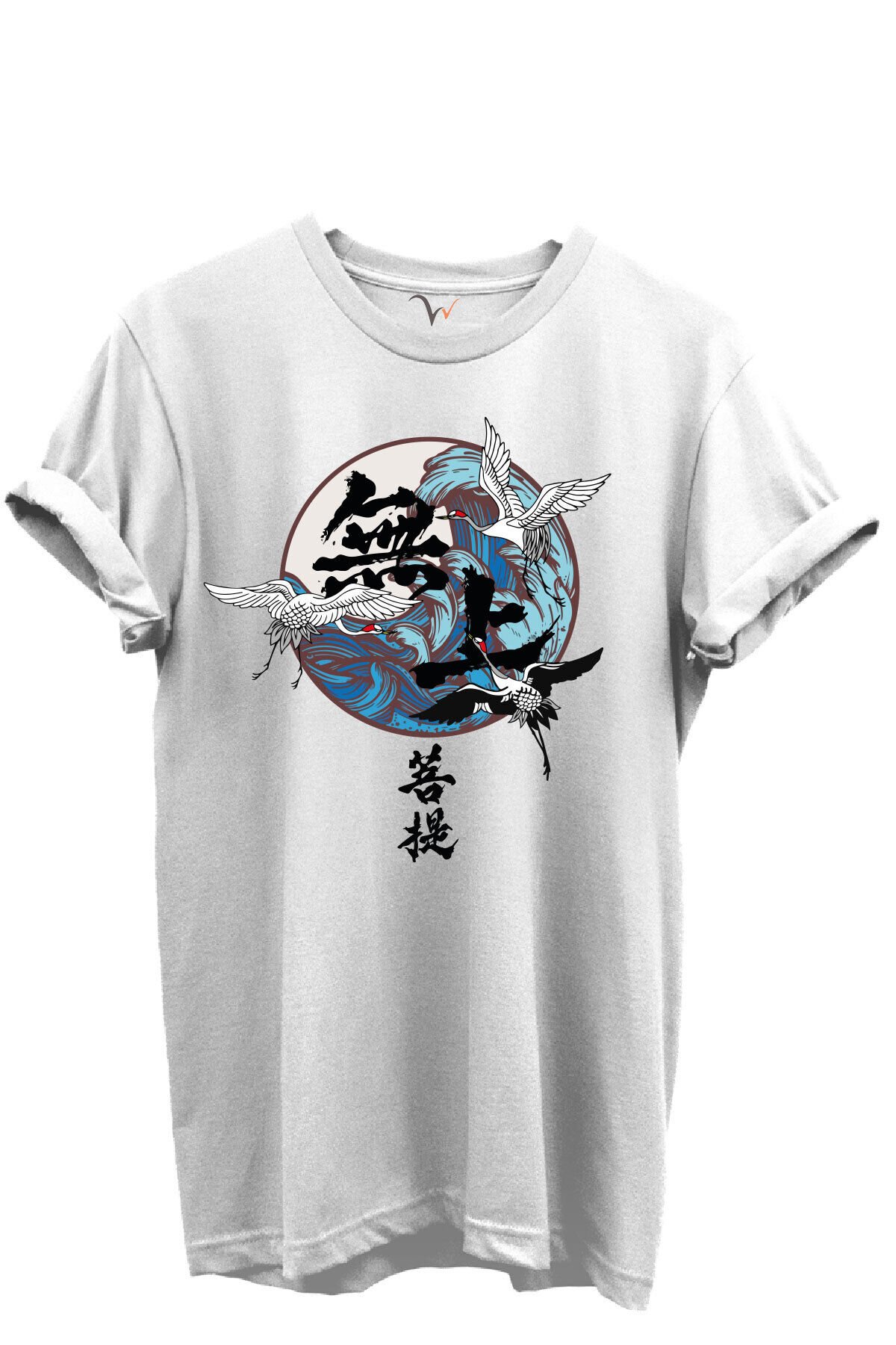 Japon Sanatı Stilinde Turna Kuşları ve Dalga Desenli %100 Pamuk Regular Fit Unisex T-Shirt Beyaz - XL