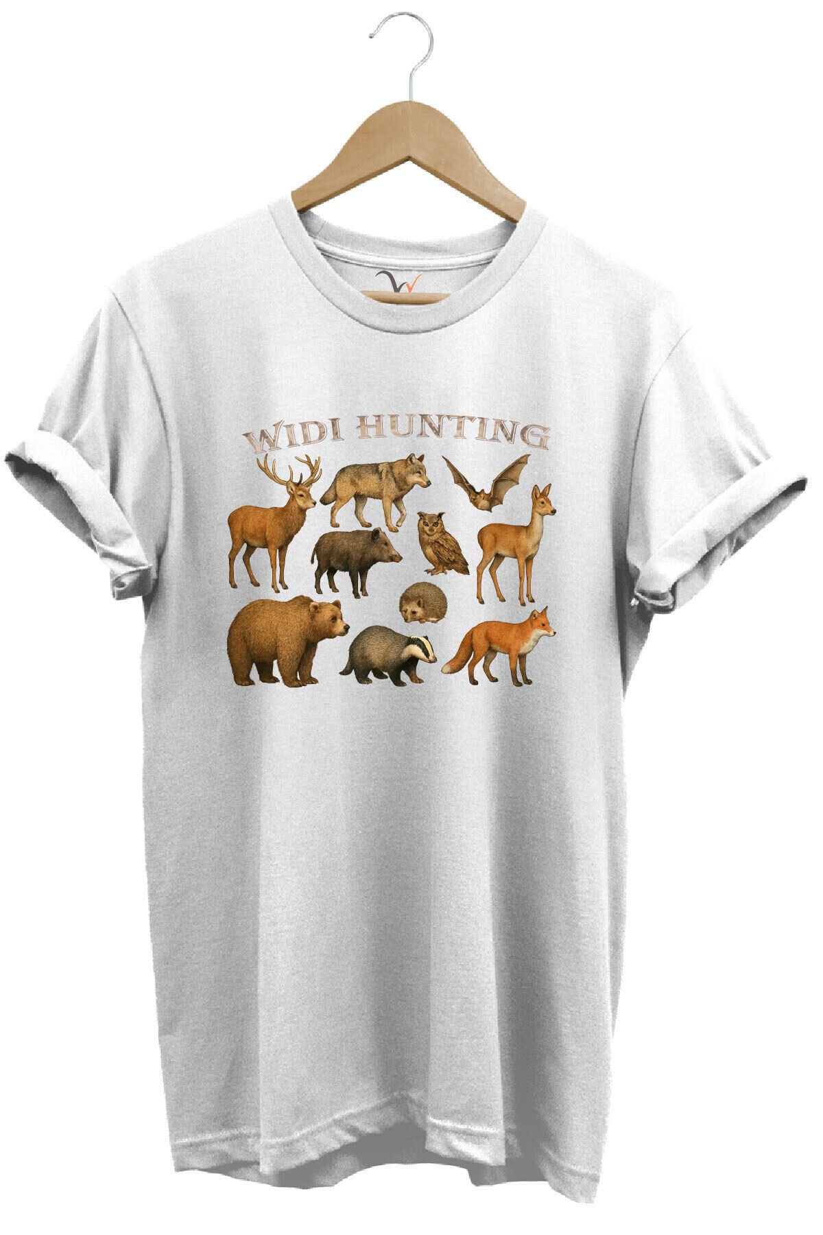 Widi Hunting Vahşi Yaşam Geyik Ayı Kurt Baskılı %100 Pamuk Regular Fit Bisiklet Yaka Siyah T-shirt Beyaz - S
