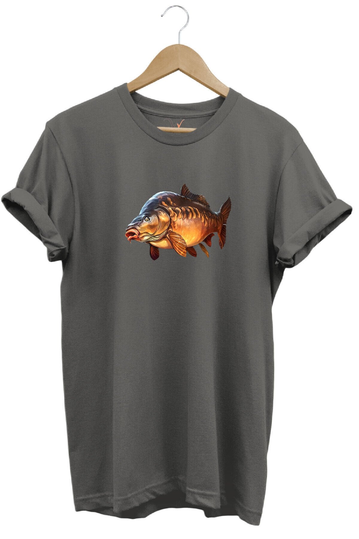 Avcılık Fishing Deniz Göl Sazan Balığı Baskılı Renkli %100 Pamuk Regular Fit Bisiklet Yaka T-Shirt Gri - S