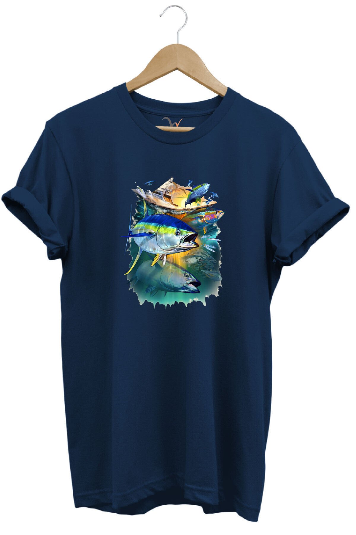 Fishing Balık Baskılı Balıkçılık %100 Pamuk Regular Fit Bisiklet Yaka Siyah T-shirt Lacivert - 3XL