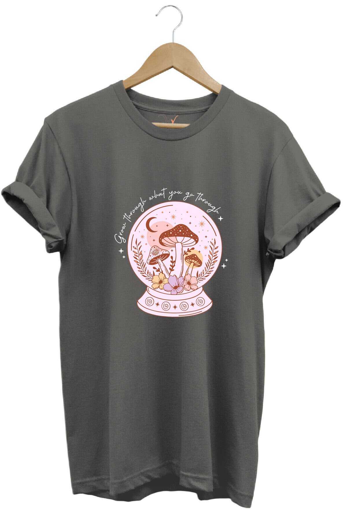 Vintage Retro StreetWear Poster Mantar Küresi Baskılı %100 Pamuk Regular Fit Bisiklet Yaka T-Shirt Gri - 2XL