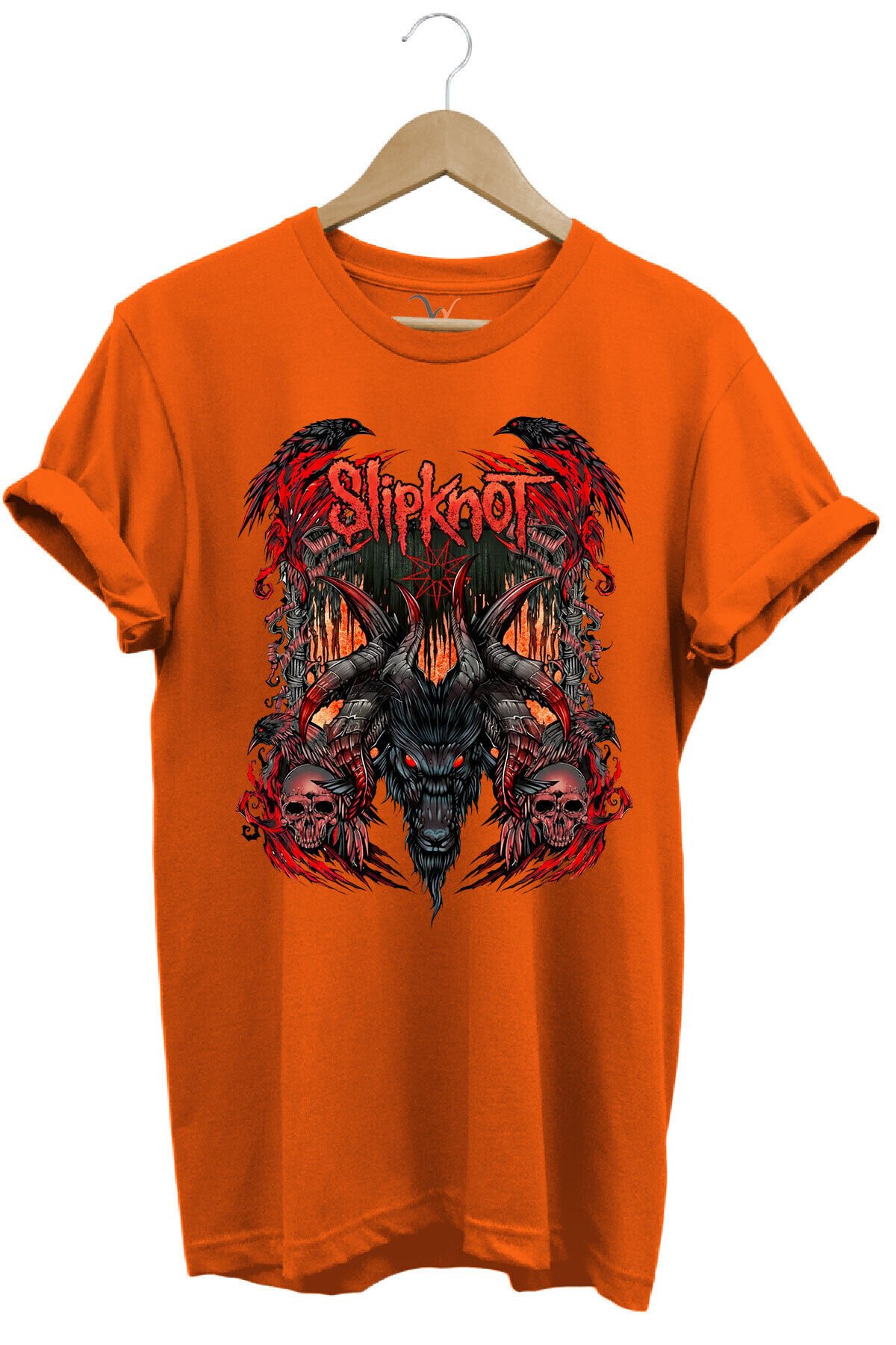 Slipknot Müzik Grubu Rock Metal Baskılı Punk Keçi ve Kafatası Tasarımlı Basic Regular Fit T-shirt Turuncu - S