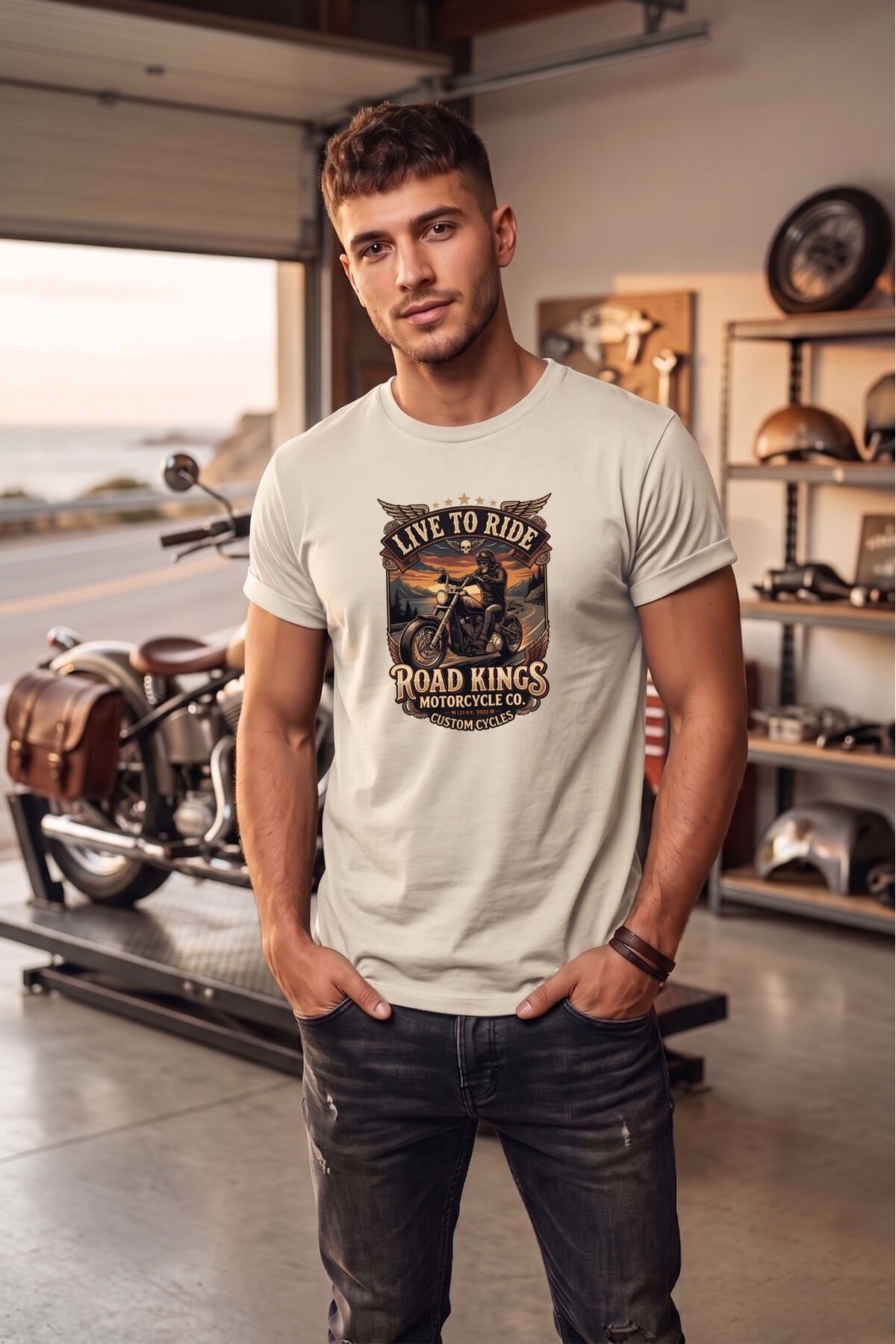 Unisex Vintage Road Kings Motosiklet Baskılı Özel Tasarım %100 Pamuklu Bisiklet Yaka Tişört T-shirt Ekru - 2XL