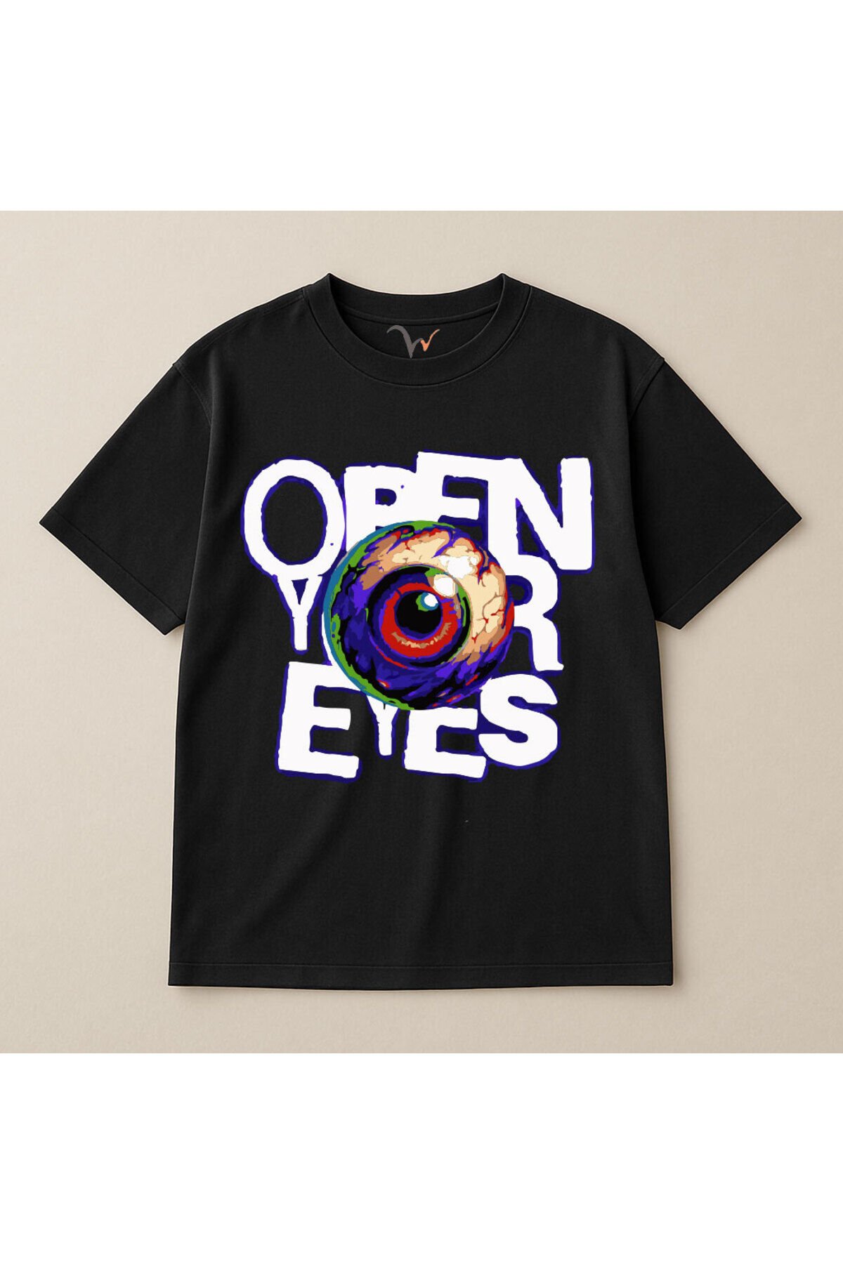 Renkli Göz İllüstrasyonlu Open Your Eyes %100 Pamuk Oversize Bisiklet Yaka Unisex T-Shirt Siyah - L
