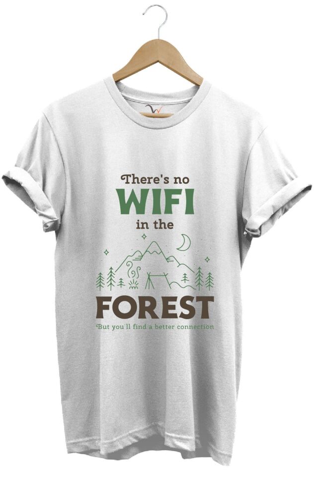 Outdoor Doğa Kamp No Wifi Tasarım Baskılı %100 Pamuk Regular Fit Beyaz T-shirt