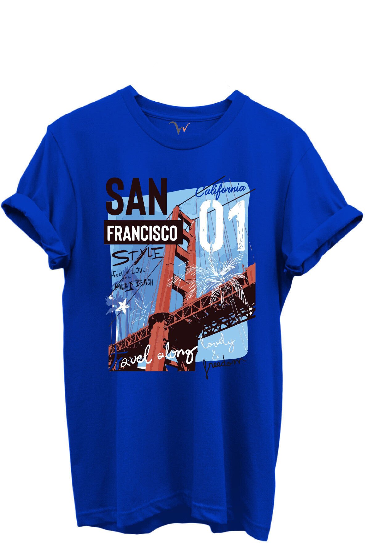 San Francisco California Yazılı Golden Gate Köprüsü Baskılı %100 Pamuk Regular Fit Unisex T-Shirt Mavi - M
