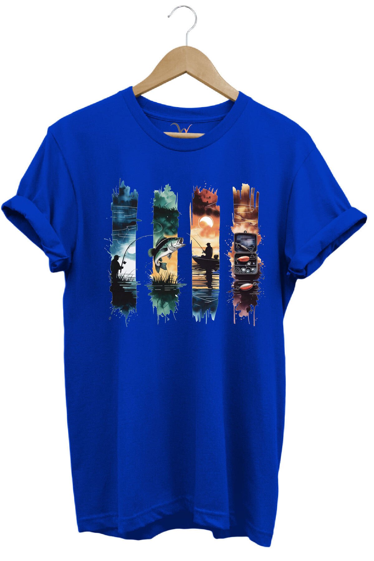 Balıkçılık Temalı Renkli Sahne Baskılı %100 Pamuk Unisex Regular Fit T-Shirt Mavi - XL