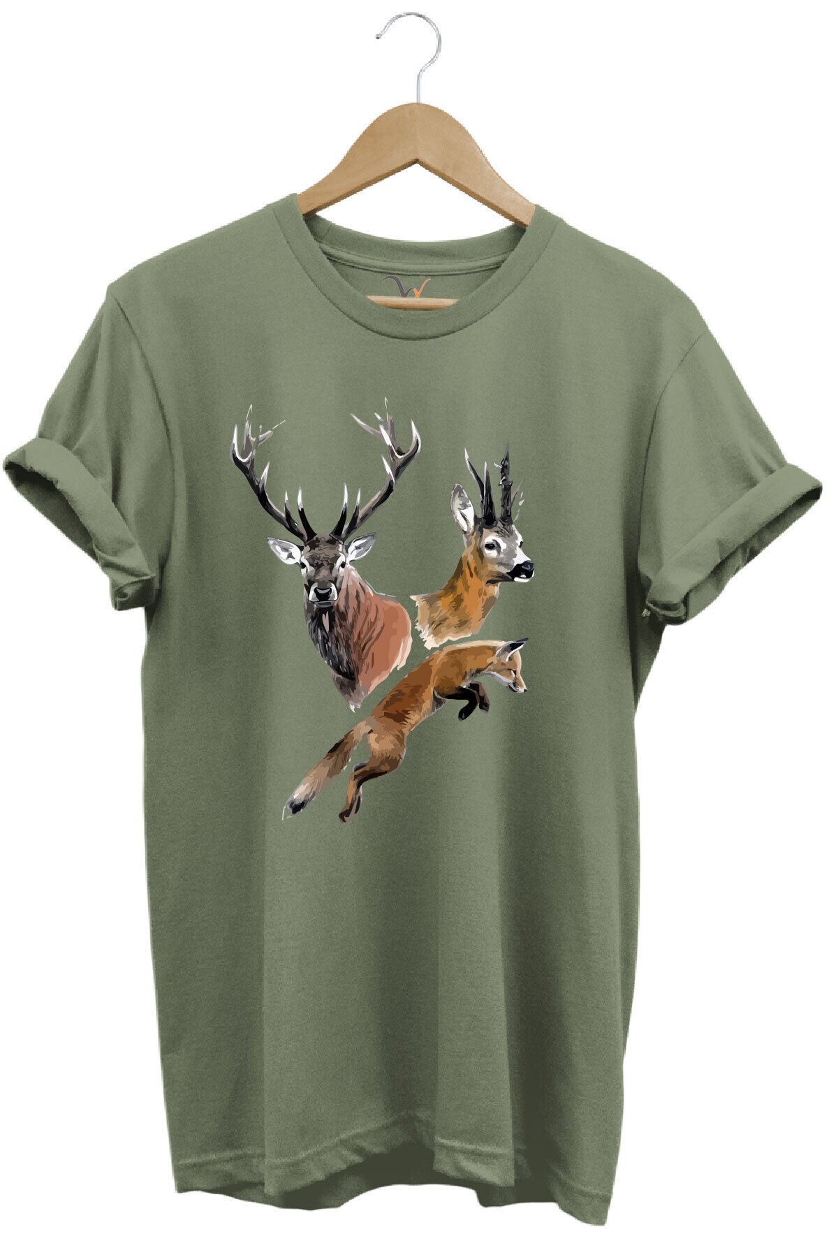 Avcılık Hunter Geyik ve Tilki Baskılı %100 Pamuk Regular Fit Tişört Haki - XL