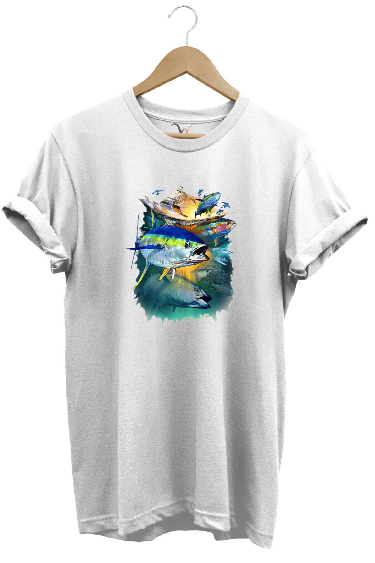 Fishing Balık Baskılı Balıkçılık %100 Pamuk Regular Fit Bisiklet Yaka Siyah T-shirt Beyaz - L