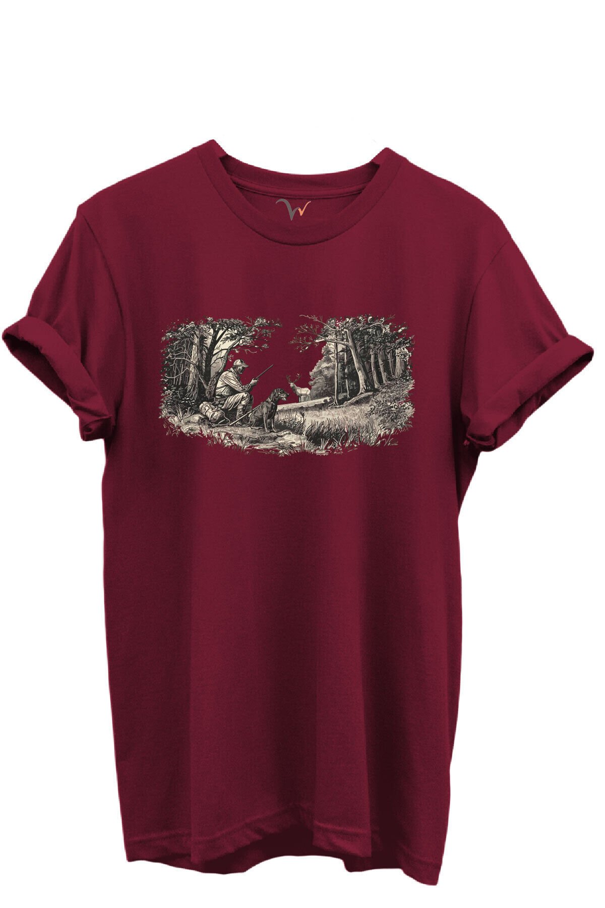 Doğa ve Avcılık Konseptli Orman Sahnesi Baskılı %100 Pamuk Regular Fit Bisiklet Yaka Unisex T-shirt Bordo - 3XL