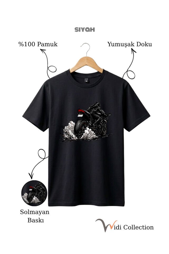 Motor Lastik Duman Efektli %100 Pamuk Regular Fit Unisex T-Shirt Siyah - 4XL