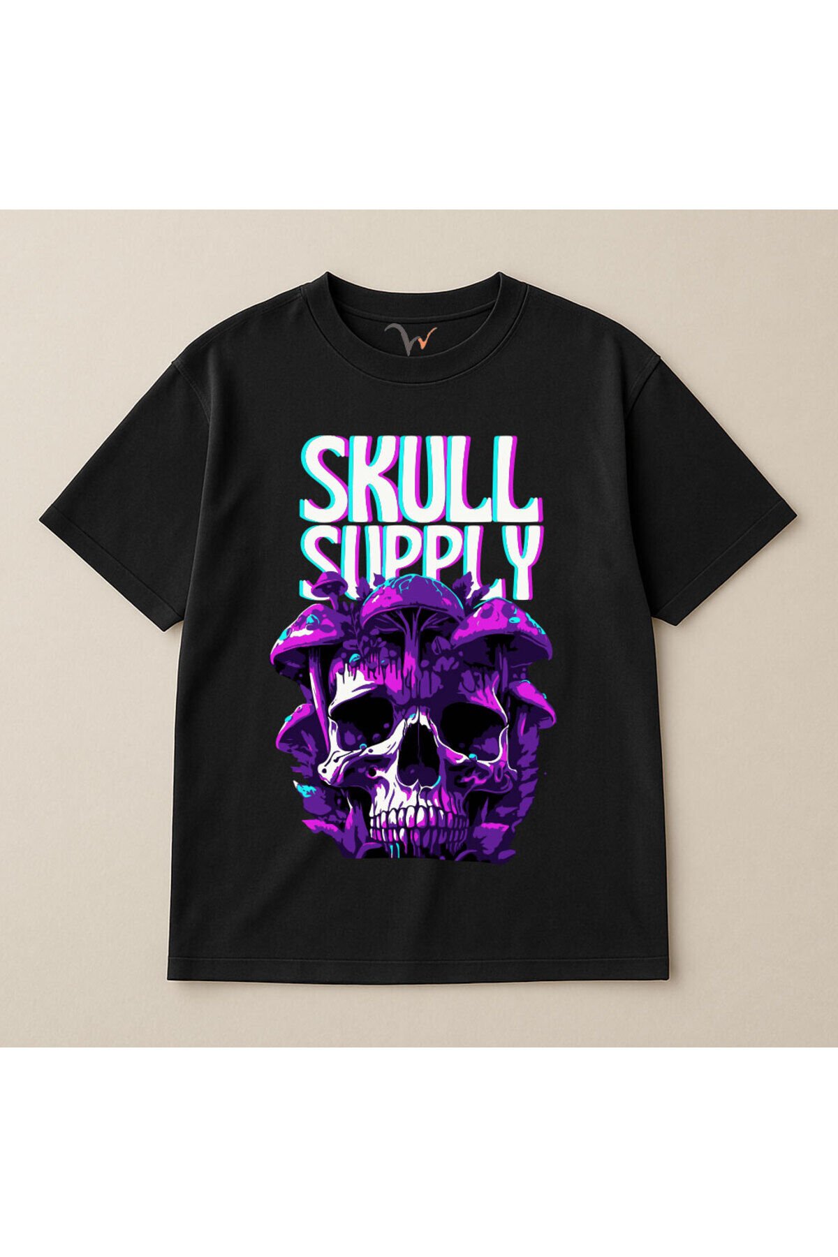 Psychedelic Skull Supply Dijital Grafik Baskılı %100 Pamuk Oversize Bisiklet Yaka Unisex T-Shirt Siyah - S