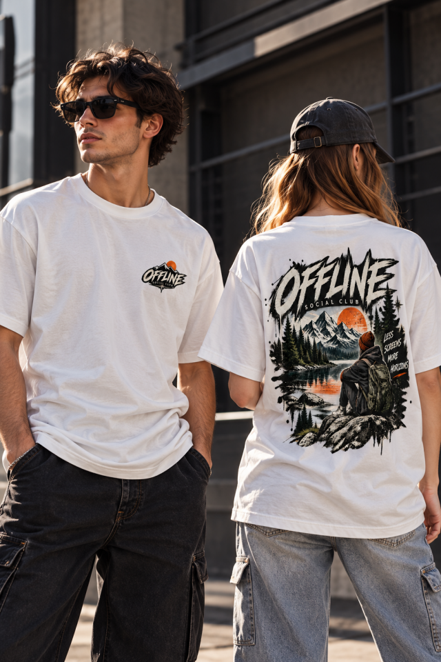Offline Social Club Doğa Baskılı Oversize Unisex T-Shirt – Ön Arka Baskılı Outdoor Streetwear Tişört