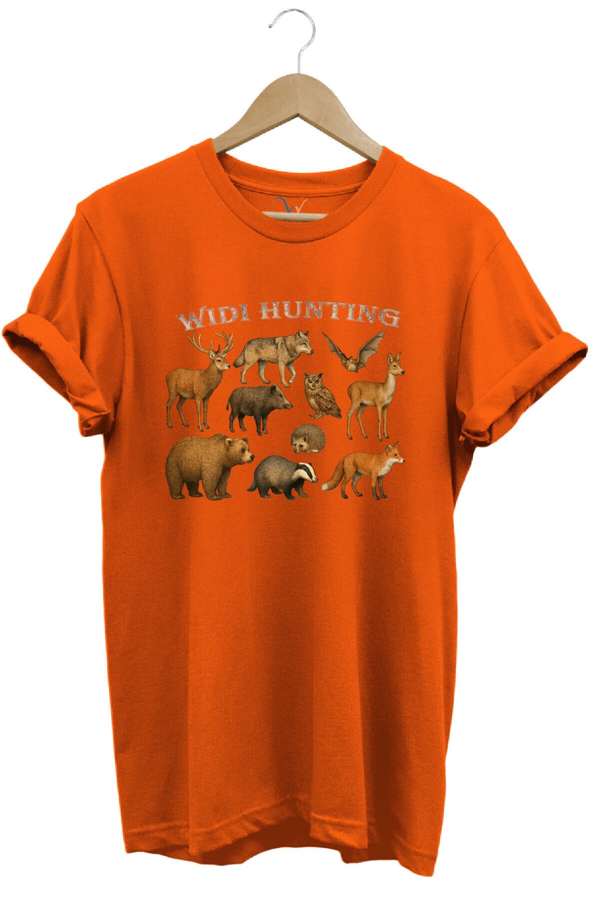 Widi Hunting Vahşi Yaşam Geyik Ayı Kurt Baskılı %100 Pamuk Regular Fit Bisiklet Yaka Siyah T-shirt Turuncu - M