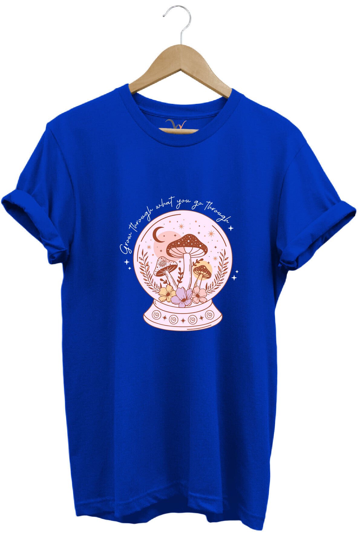 Vintage Retro StreetWear Poster Mantar Küresi Baskılı %100 Pamuk Regular Fit Bisiklet Yaka T-Shirt Mavi - XL