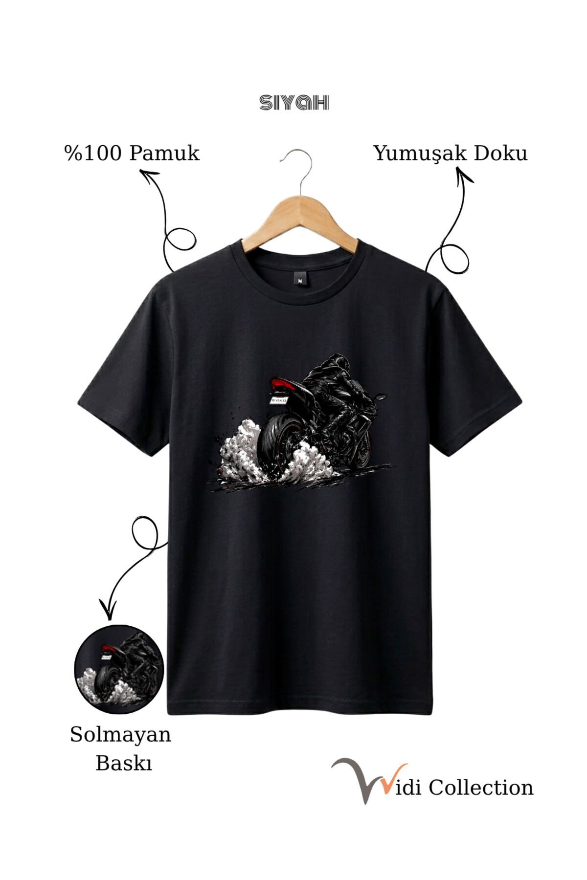 Motor Lastik Duman Efektli %100 Pamuk Regular Fit Unisex T-Shirt Siyah - M