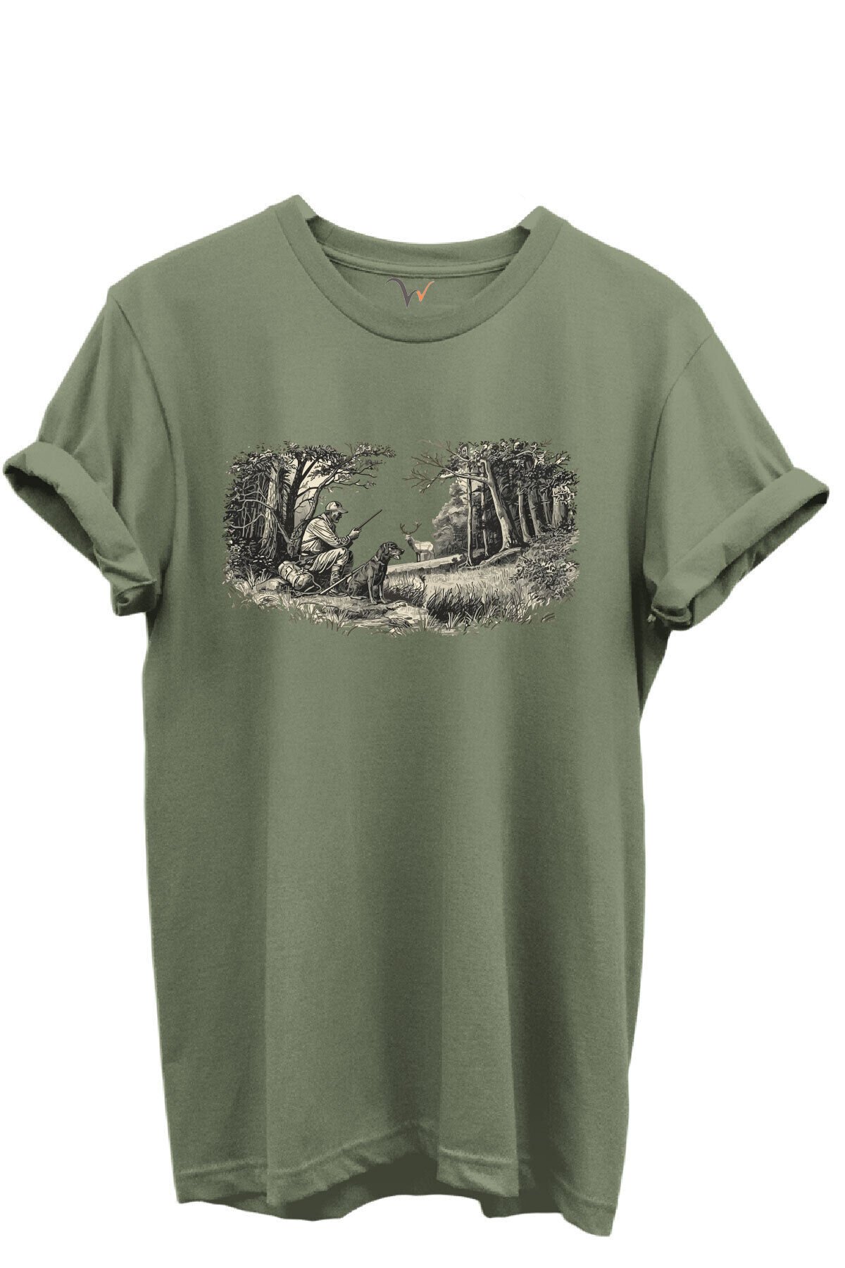 Doğa ve Avcılık Konseptli Orman Sahnesi Baskılı %100 Pamuk Regular Fit Bisiklet Yaka Unisex T-shirt Haki - XL