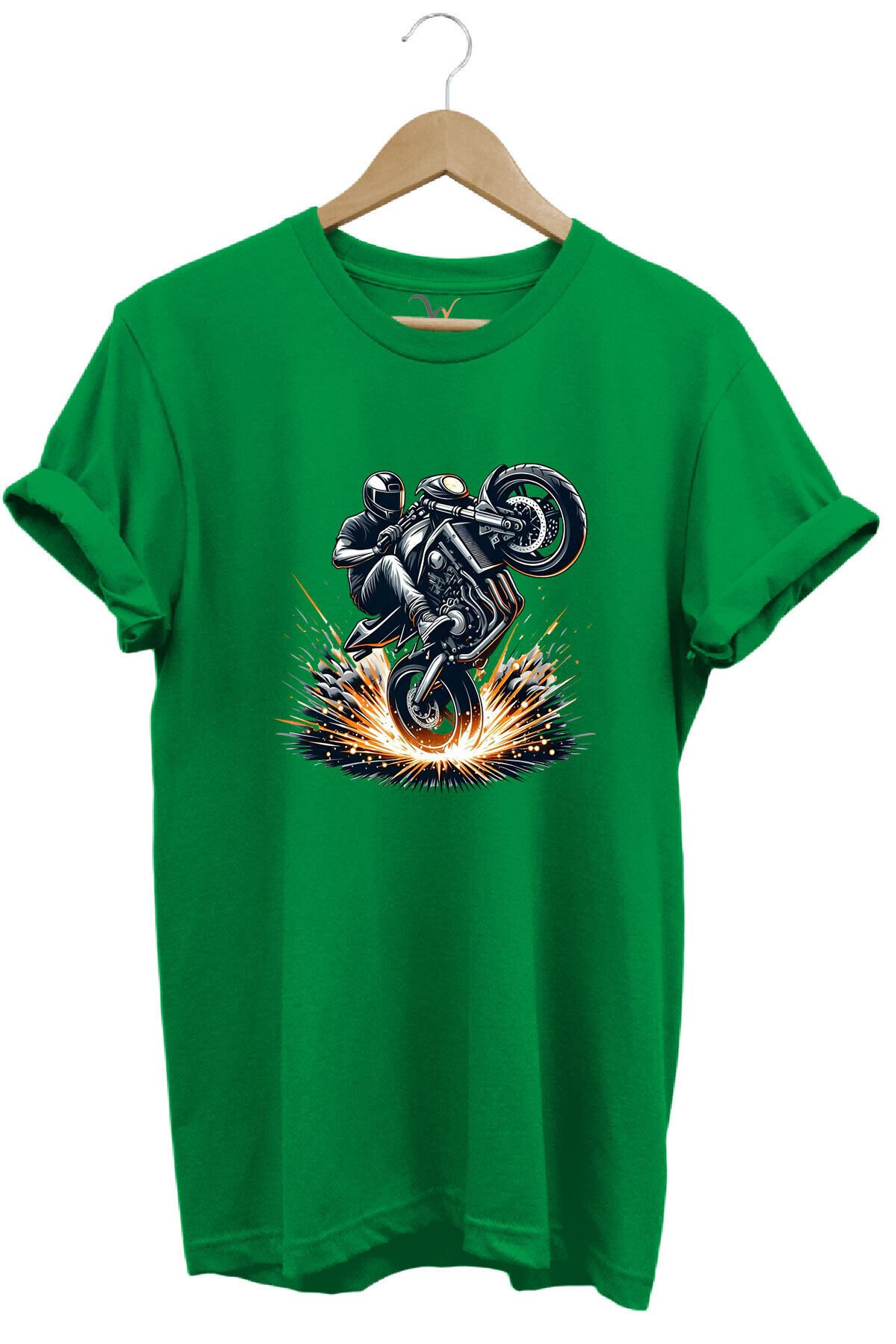 Racing Motosiklet Baskılı Ön Kaldıran Motorcu %100 Pamuk Regular Fit Unisex T-Shirt Yeşil - 3XL