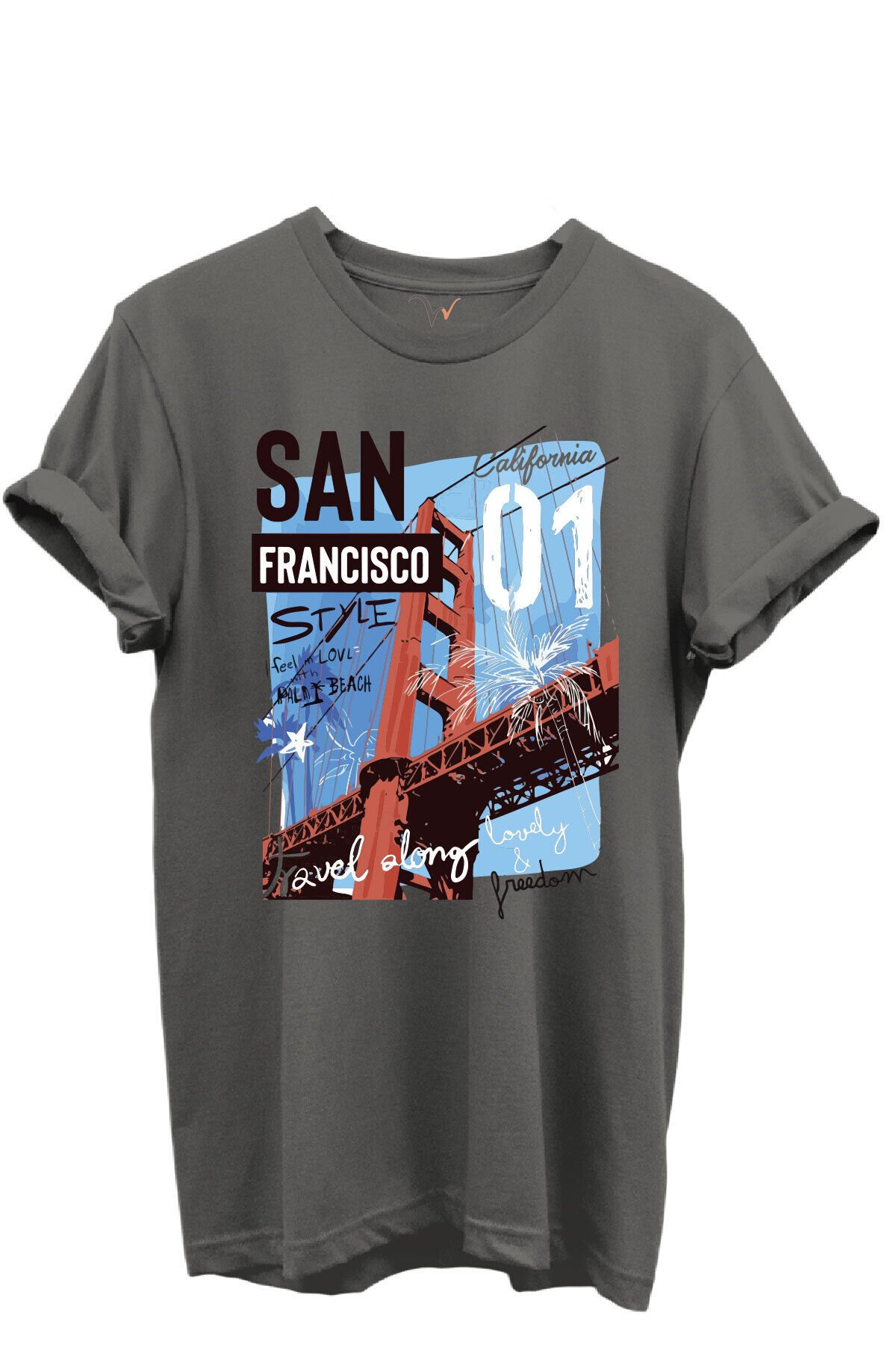 San Francisco California Yazılı Golden Gate Köprüsü Baskılı %100 Pamuk Regular Fit Unisex T-Shirt Gri - XL
