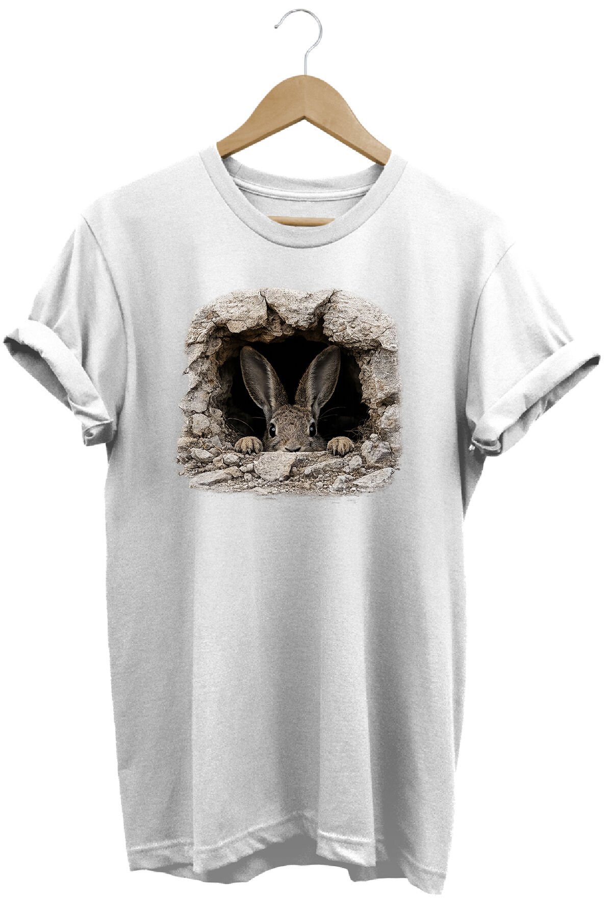 Yabani Tavşan Baskılı Arazi ve Doğa Tişörtü Outdoor Giyim Beyaz - XL