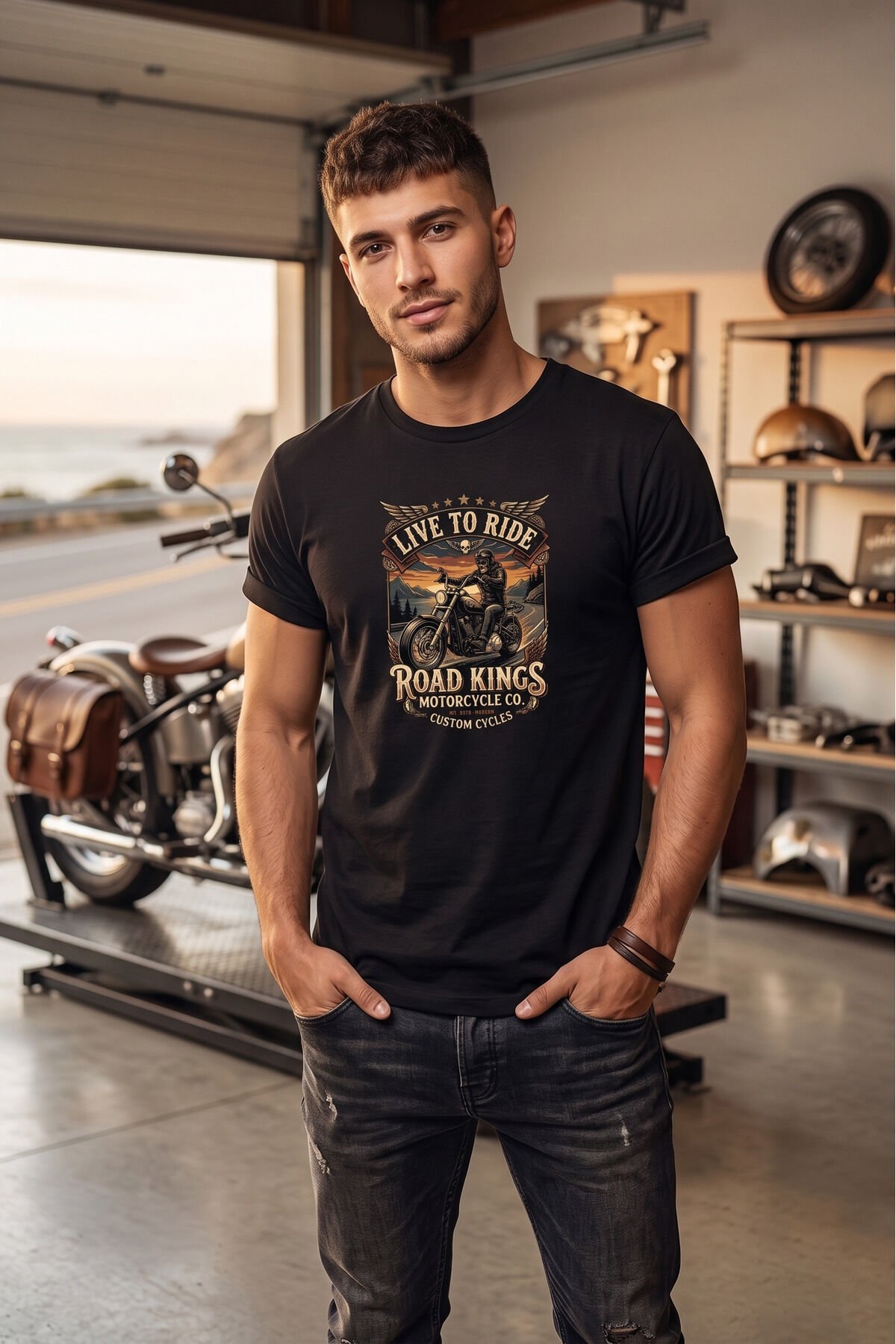 Unisex Vintage Road Kings Motosiklet Baskılı Özel Tasarım %100 Pamuklu Bisiklet Yaka Tişört T-shirt Siyah - 2XL