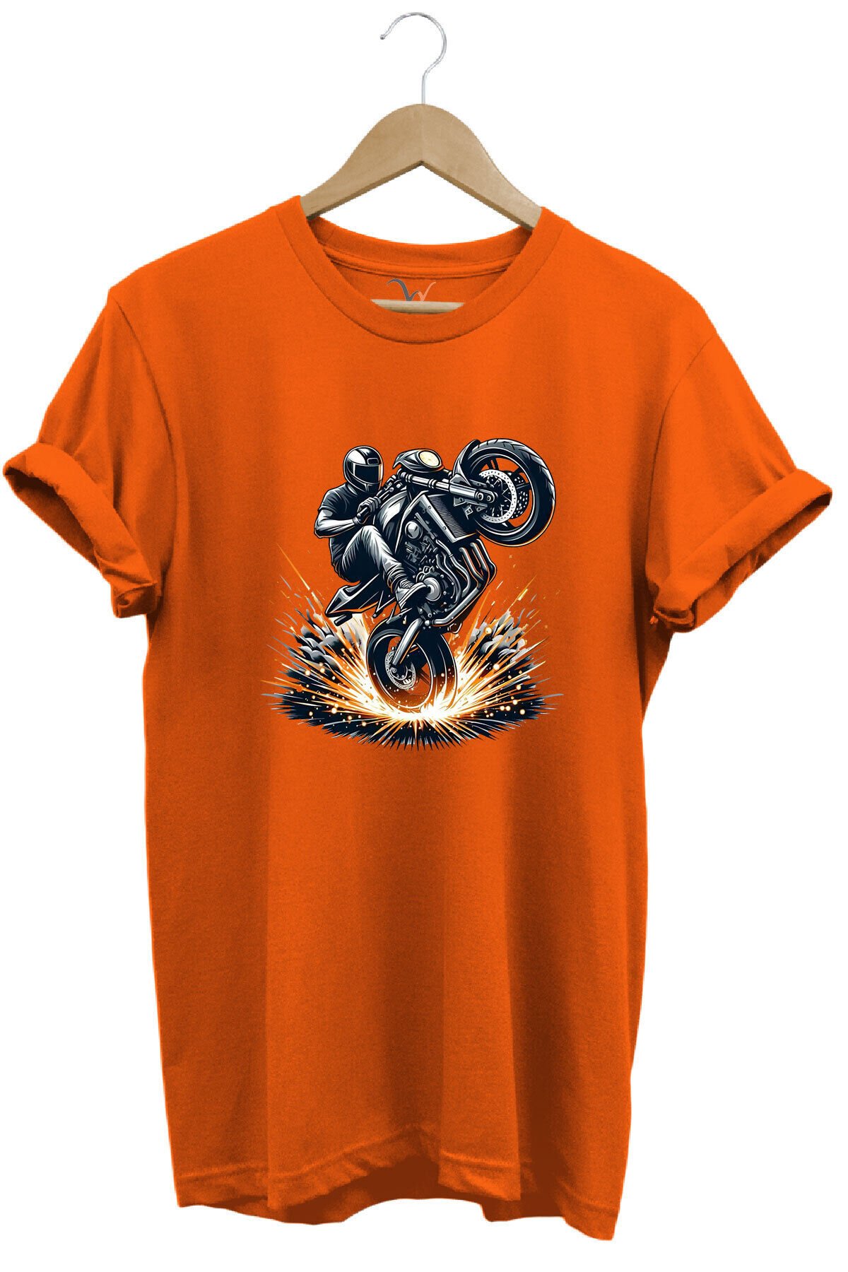 Racing Motosiklet Baskılı Ön Kaldıran Motorcu %100 Pamuk Regular Fit Unisex T-Shirt Turuncu - XL