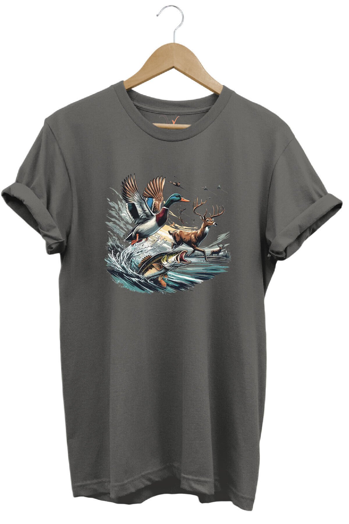 Avcılık Temalı Geyik, Ördek ve Balık Tasarımlı %100 Pamuk Unisex Regular Fit T-Shirt Gri - M