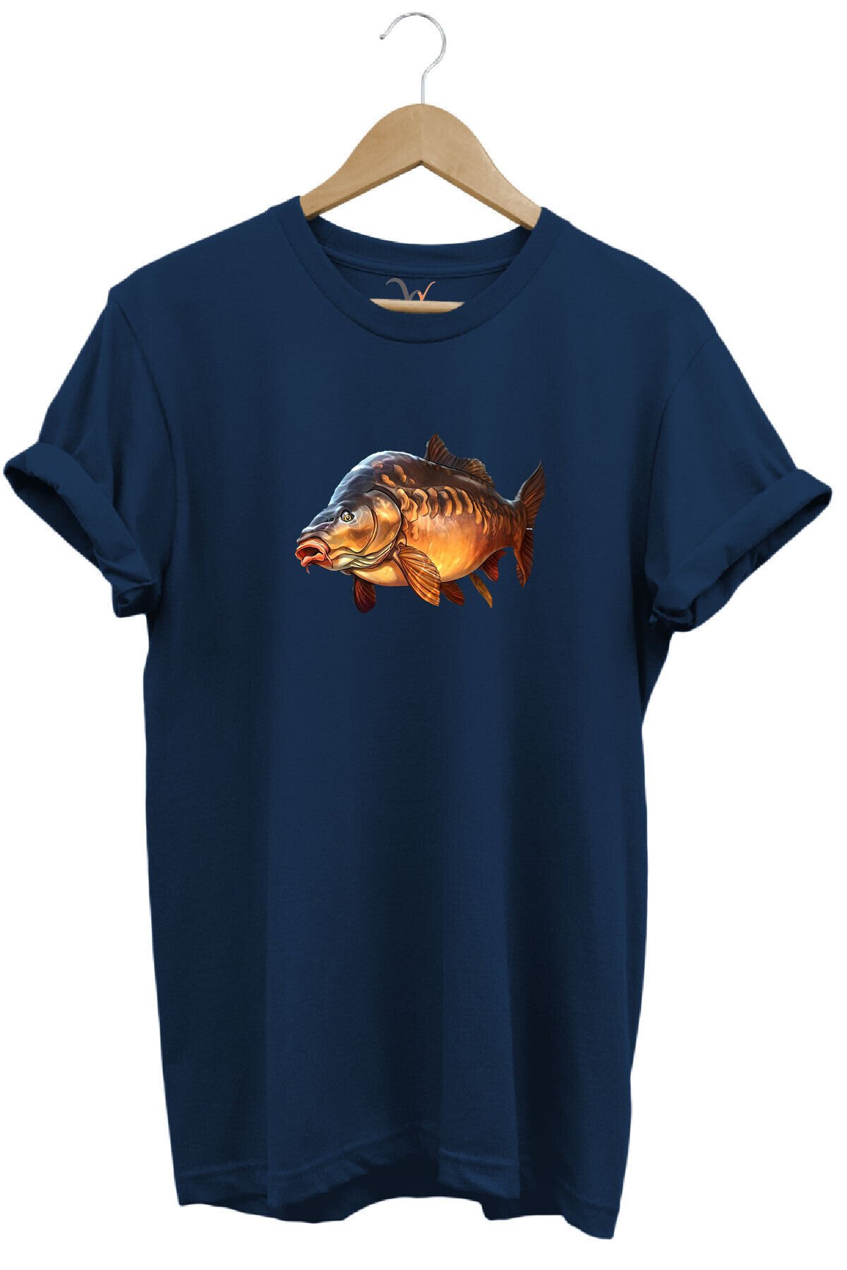 Avcılık Fishing Deniz Göl Sazan Balığı Baskılı Renkli %100 Pamuk Regular Fit Bisiklet Yaka T-Shirt Lacivert - 2XL