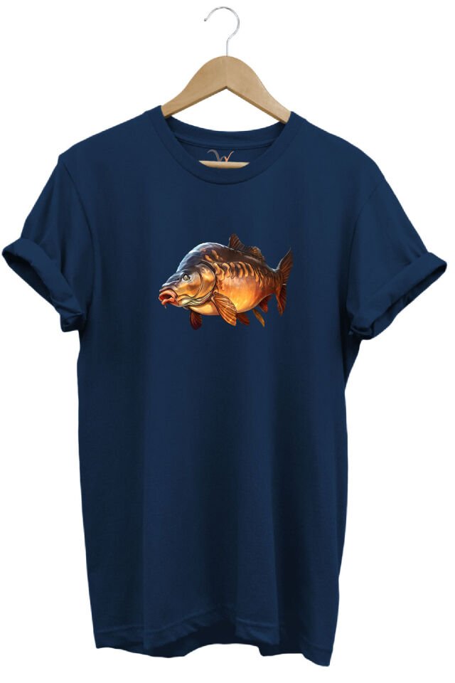 Avcılık Fishing Deniz Göl Sazan Balığı Baskılı Renkli %100 Pamuk Regular Fit Bisiklet Yaka T-Shirt Lacivert - 2XL