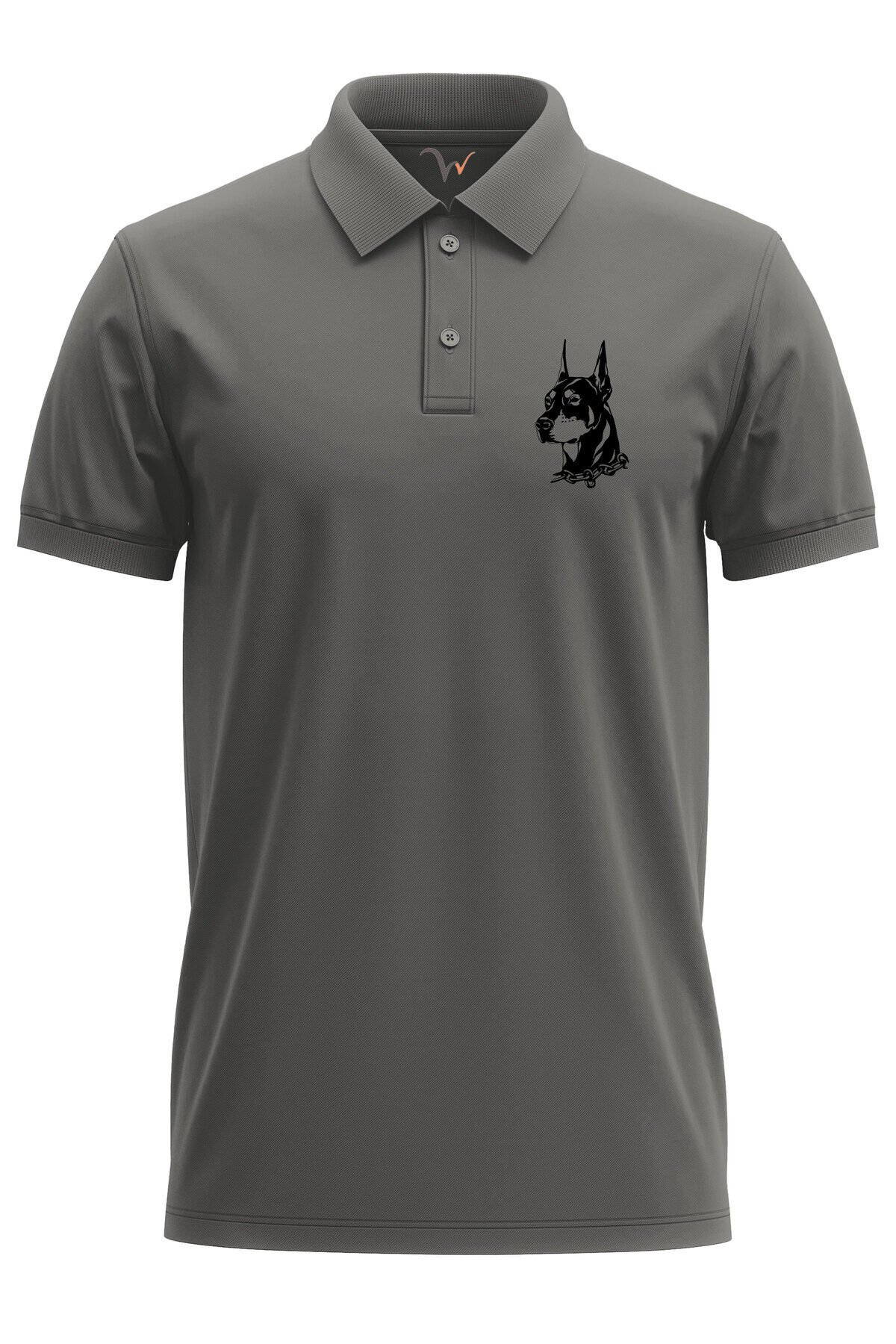 Doberman Köpek Baskılı Şık %100 Pamuk Regular Fit Polo Yaka Haki T-shirt Gri - M