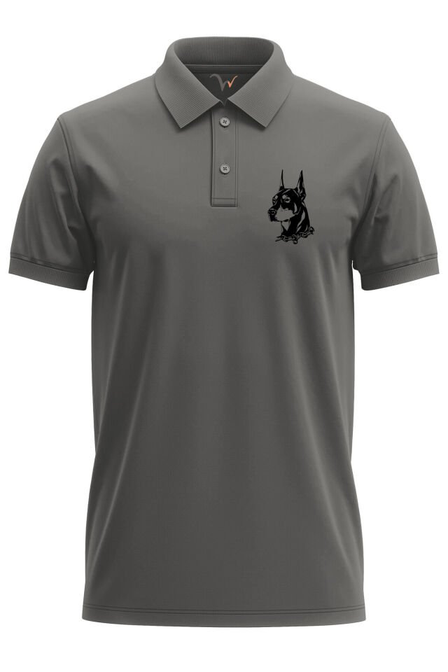 Doberman Köpek Baskılı Şık %100 Pamuk Regular Fit Polo Yaka Haki T-shirt Gri - M