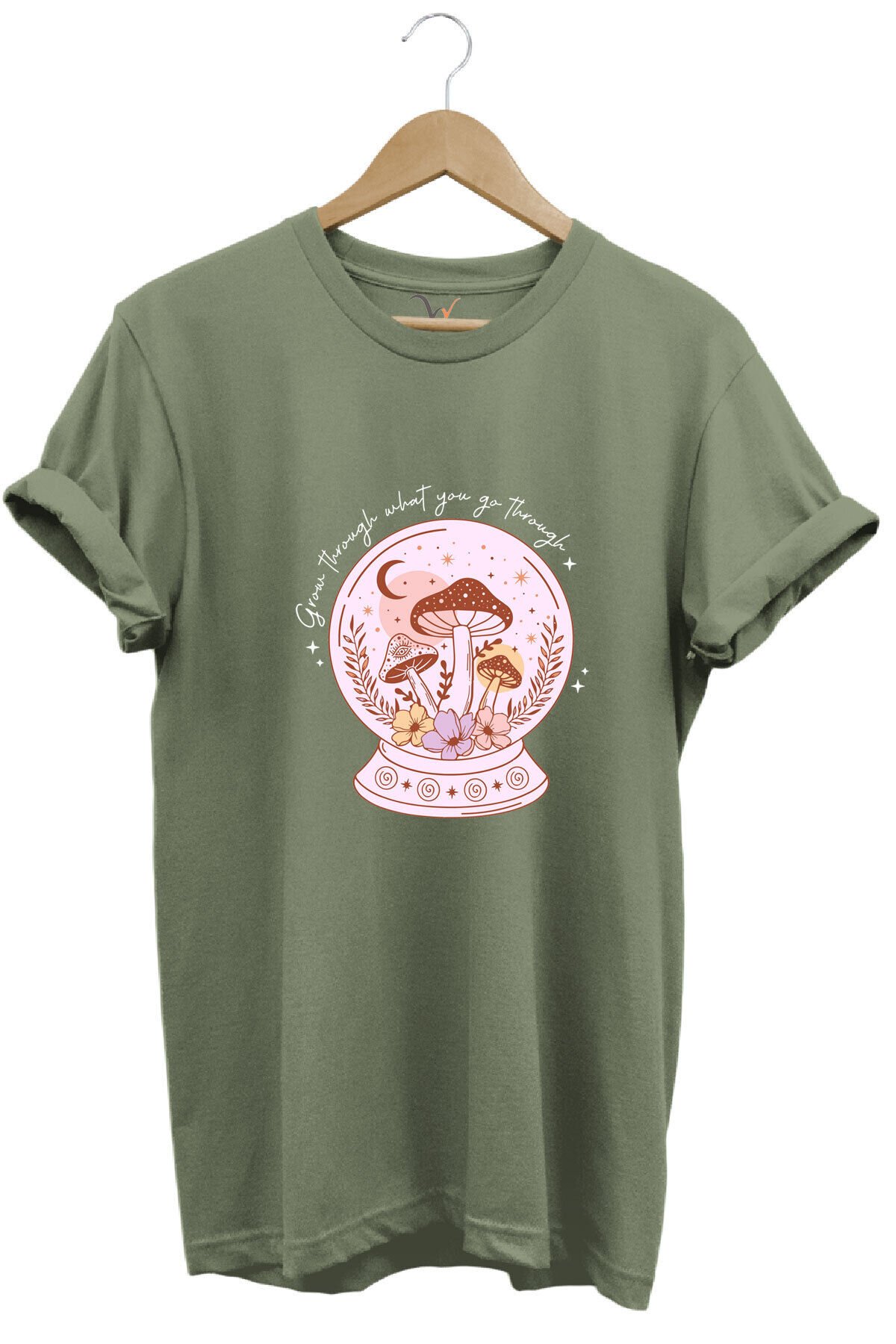 Vintage Retro StreetWear Poster Mantar Küresi Baskılı %100 Pamuk Regular Fit Bisiklet Yaka T-Shirt Haki - 3XL