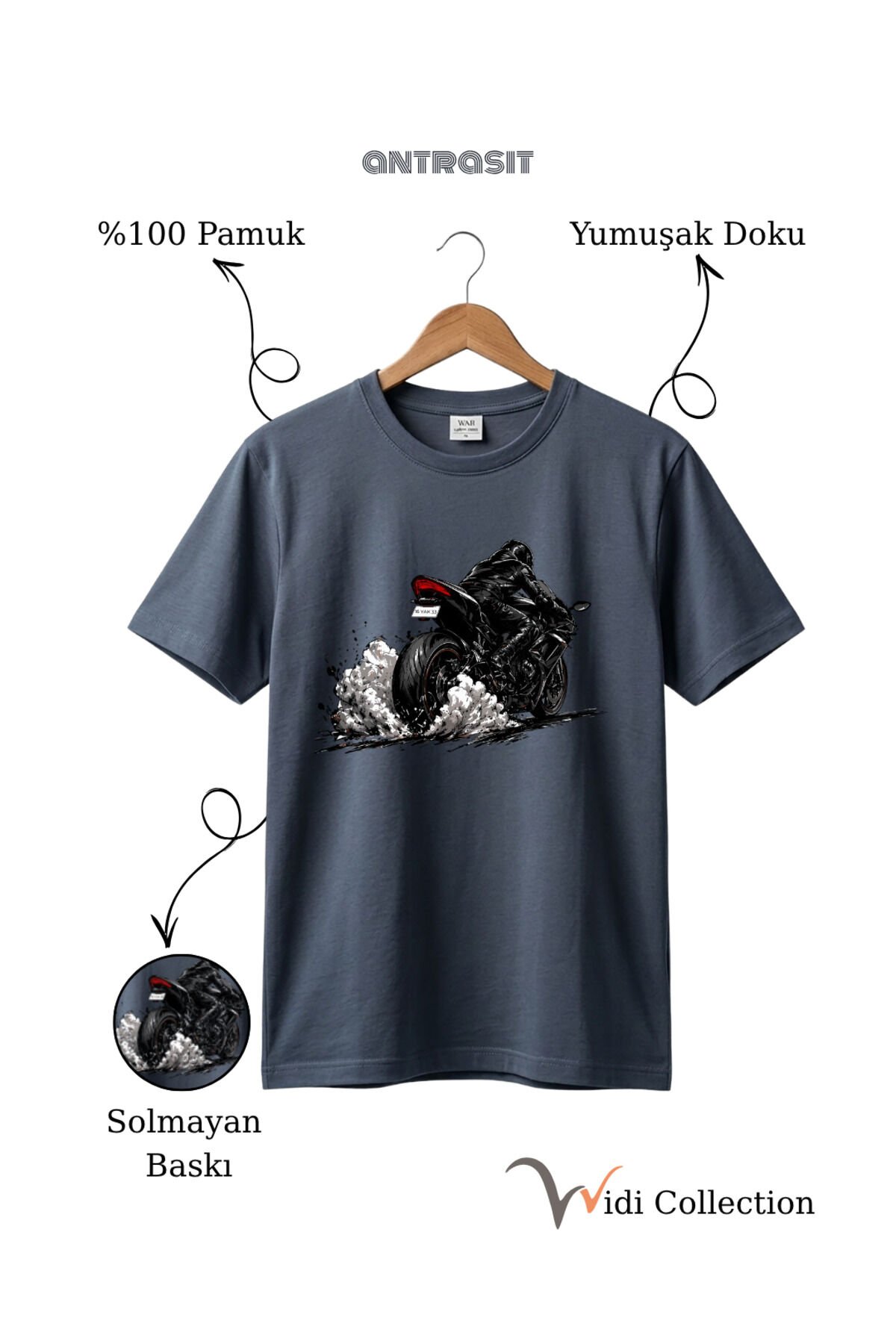 Motor Lastik Duman Efektli %100 Pamuk Regular Fit Unisex T-Shirt Antrasit Gri - 3XL