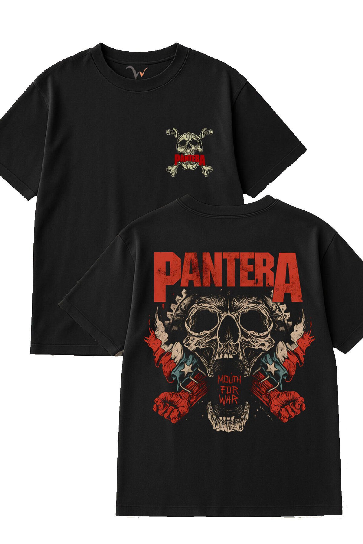 Müzik Grubu Pantera Göğüs Ve Sırt Baskılı %100 Pamuk Oversize Bisiklet Yaka Unisex T-Shirt Siyah - S