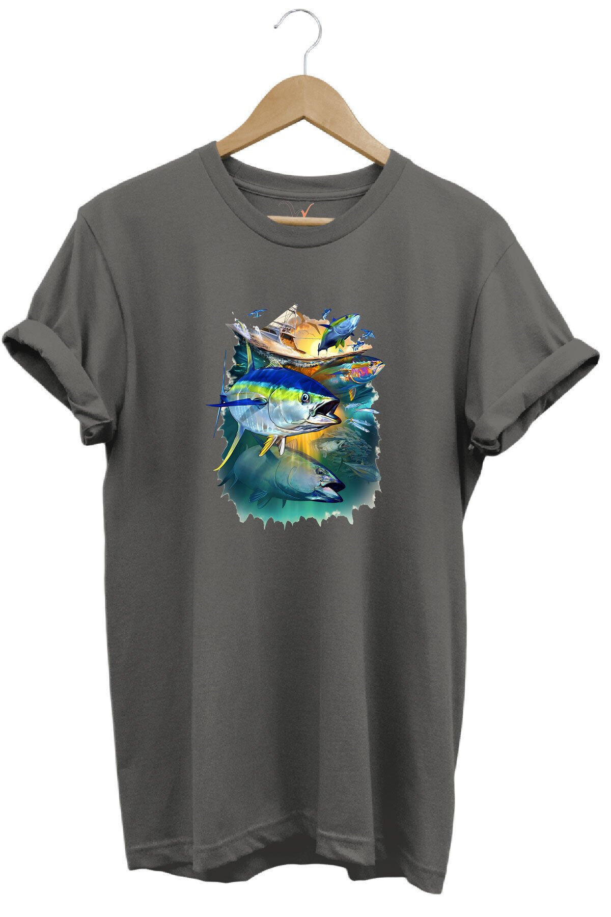 Fishing Balık Baskılı Balıkçılık %100 Pamuk Regular Fit Bisiklet Yaka Siyah T-shirt Gri - S
