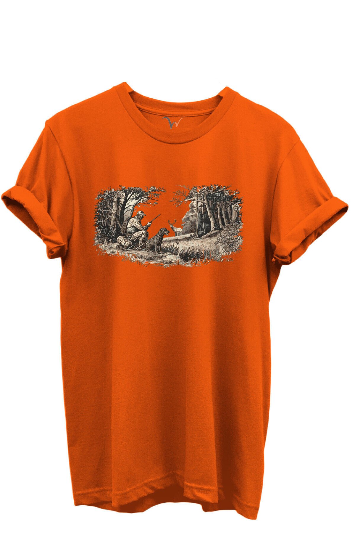 Doğa ve Avcılık Konseptli Orman Sahnesi Baskılı %100 Pamuk Regular Fit Bisiklet Yaka Unisex T-shirt Turuncu - M
