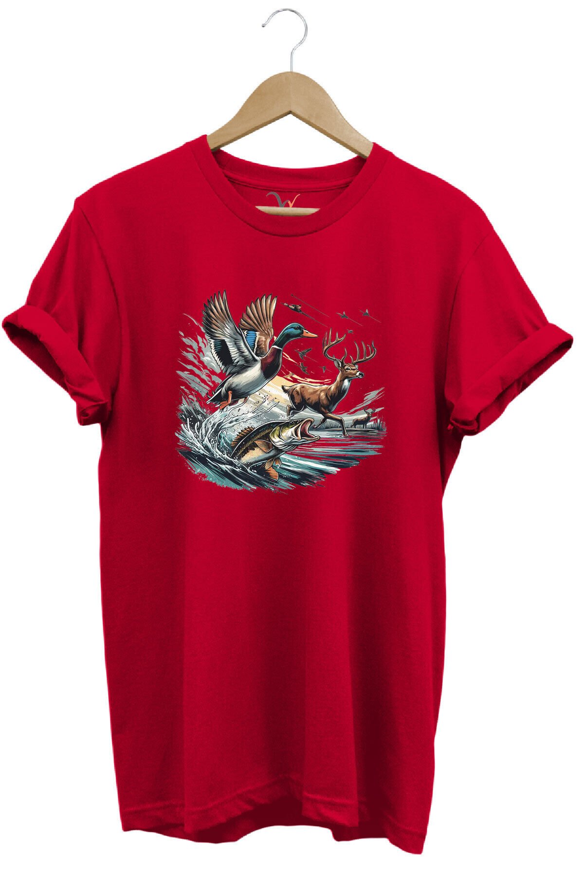Avcılık Temalı Geyik, Ördek ve Balık Tasarımlı %100 Pamuk Unisex Regular Fit T-Shirt Kırmızı - 2XL
