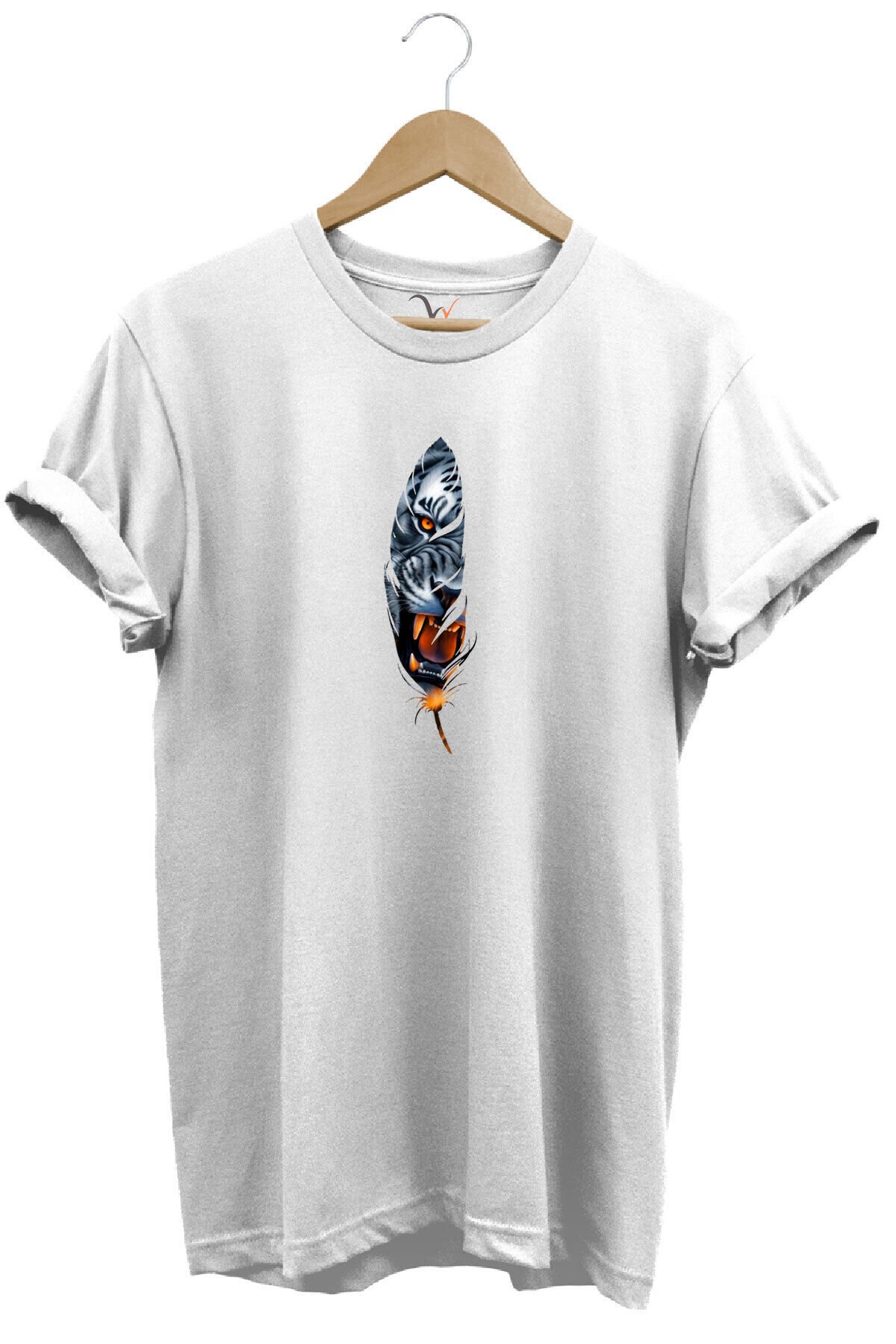 Kaplan Tüy Baskılı Şık Minimal %100 Pamuk Regular Fit Bisiklet Yaka Beyaz T-shirt Beyaz - S