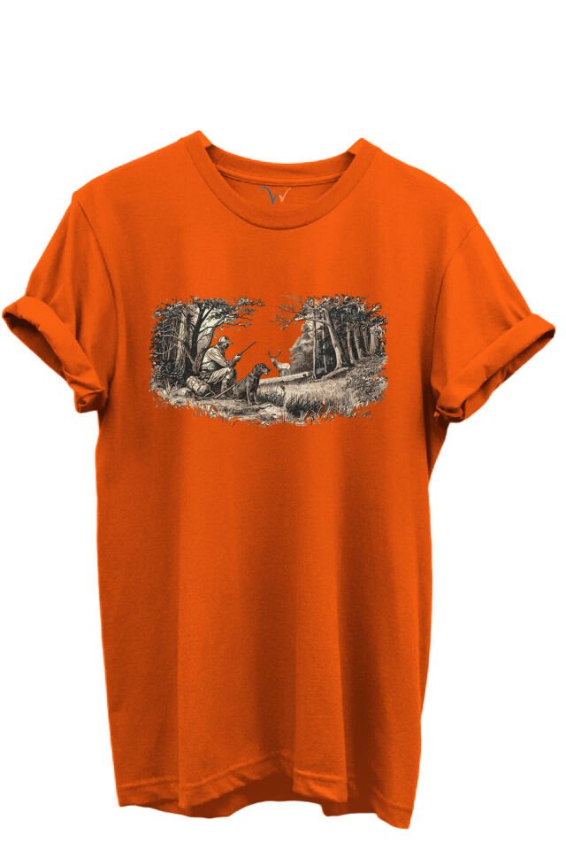Doğa ve Avcılık Konseptli Orman Sahnesi Baskılı %100 Pamuk Regular Fit Bisiklet Yaka Unisex T-shirt Turuncu - L