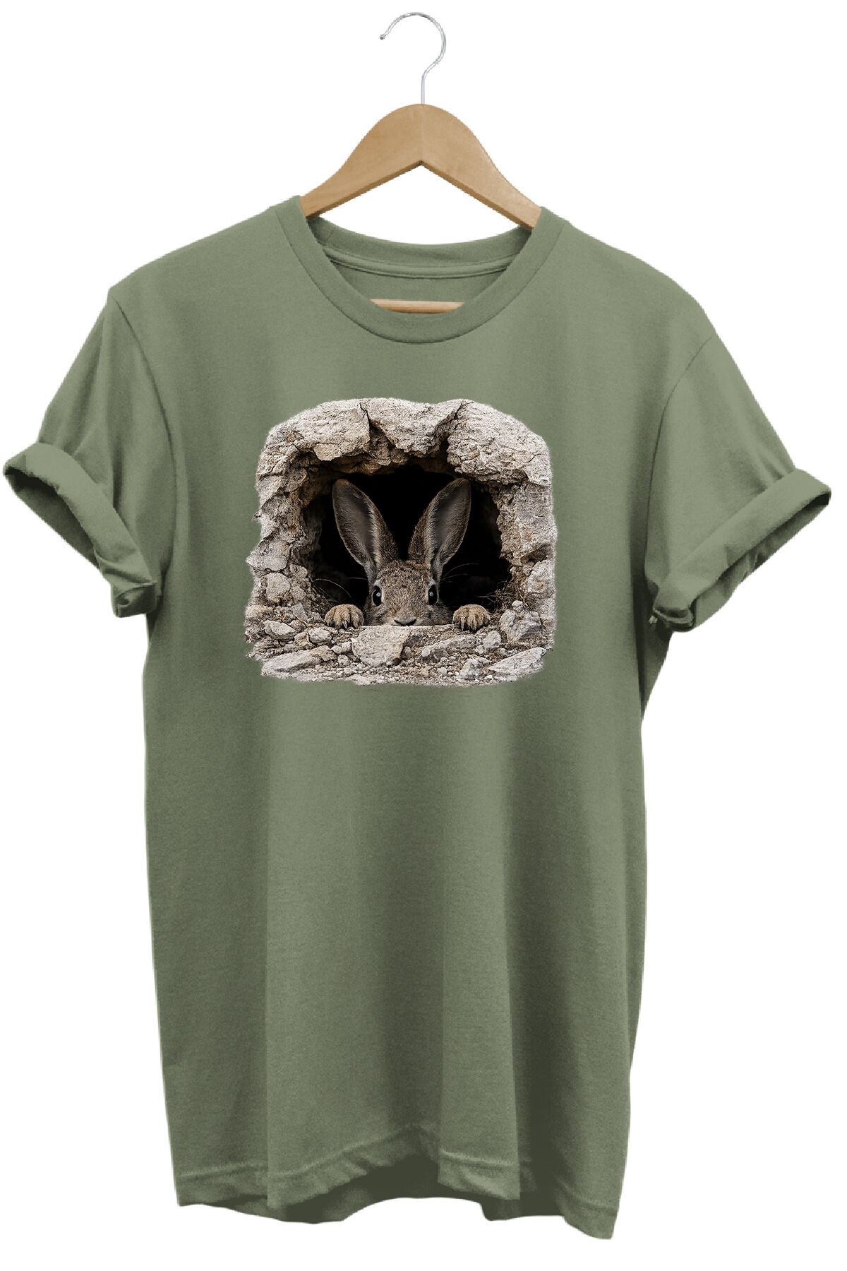 Yabani Tavşan Baskılı Arazi ve Doğa Tişörtü Outdoor Giyim Haki - 3XL
