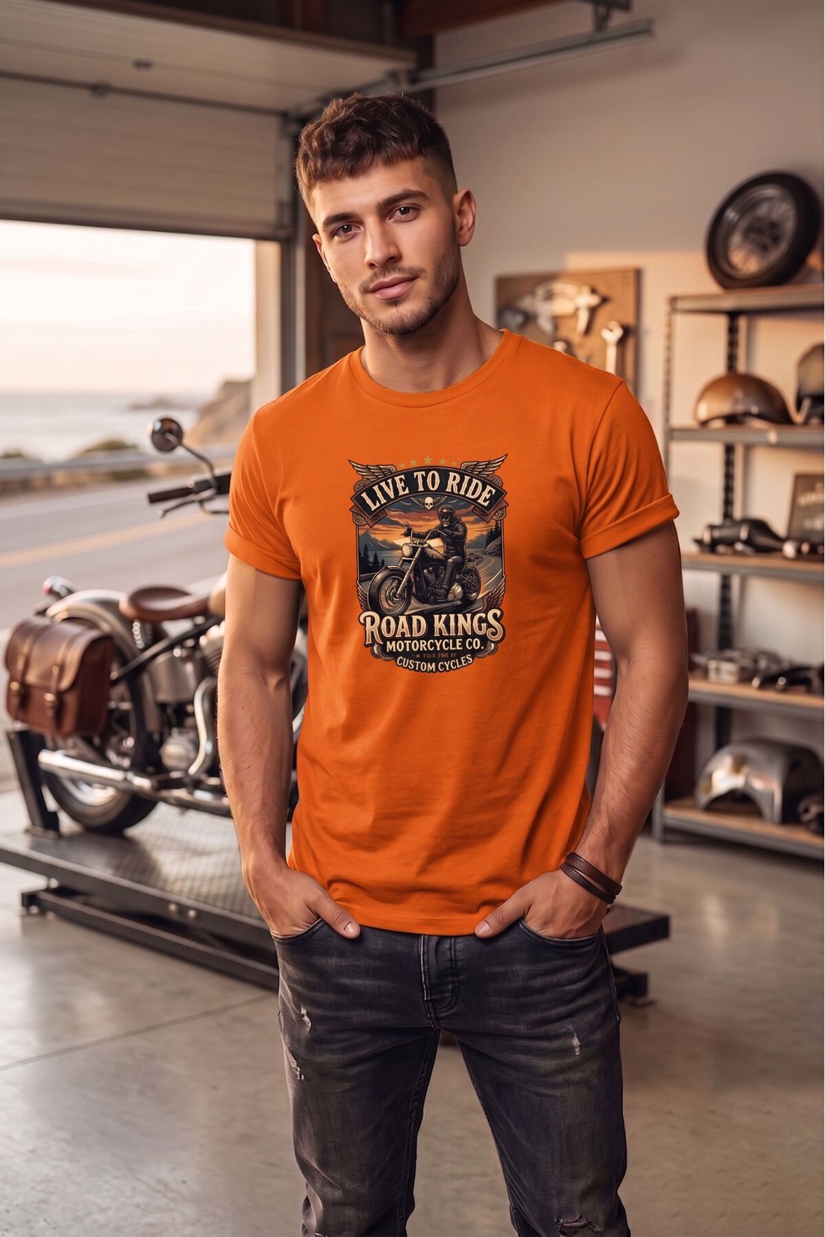 Unisex Vintage Road Kings Motosiklet Baskılı Özel Tasarım %100 Pamuklu Bisiklet Yaka Tişört T-shirt Turuncu - 3XL