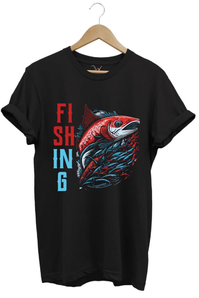 Fishing Balıkçılık Kırmızı Somon Balığı Baskılı %100 Pamuk Regular Fit Siyah T-shirt