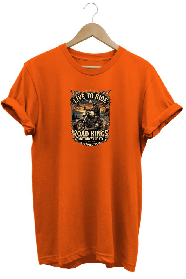 Unisex Vintage Road Kings Motosiklet Baskılı Özel Tasarım %100 Pamuklu Bisiklet Yaka Tişört T-shirt Turuncu - XL
