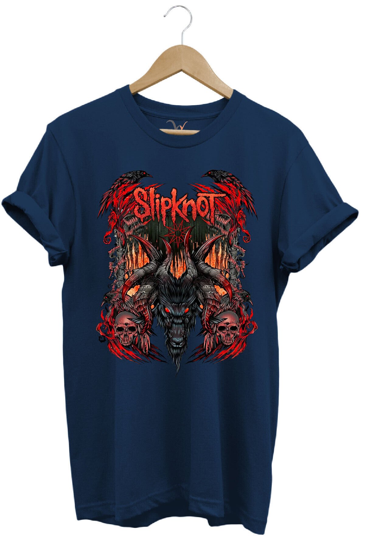Slipknot Müzik Grubu Rock Metal Baskılı Punk Keçi ve Kafatası Tasarımlı Basic Regular Fit T-shirt Lacivert - 4XL