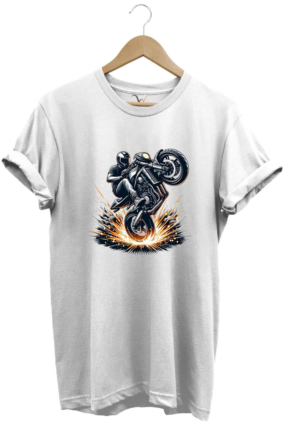 Racing Motosiklet Baskılı Ön Kaldıran Motorcu %100 Pamuk Regular Fit Unisex T-Shirt Beyaz - L