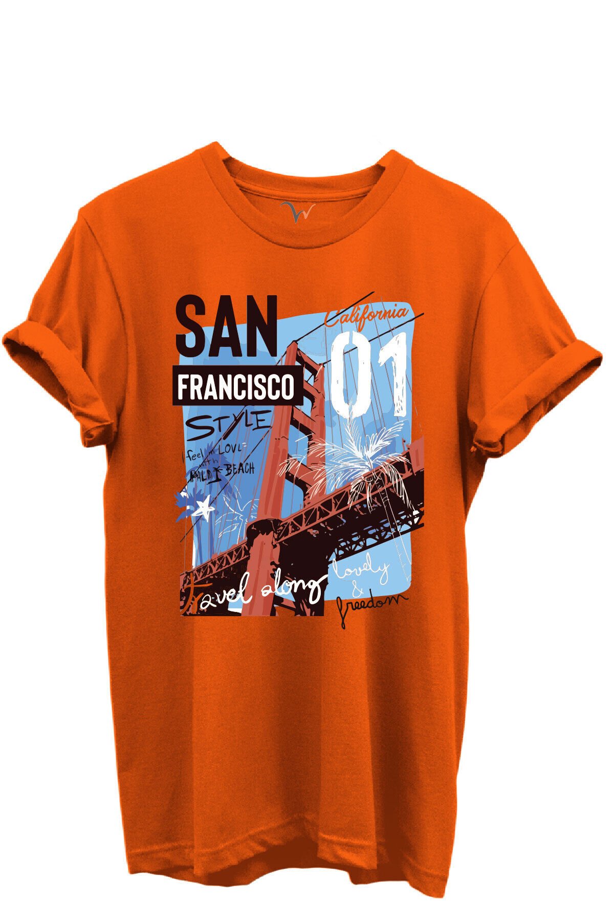 San Francisco California Yazılı Golden Gate Köprüsü Baskılı %100 Pamuk Regular Fit Unisex T-Shirt Turuncu - M
