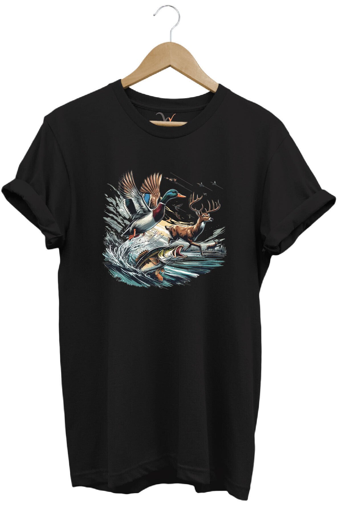 Avcılık Temalı Geyik, Ördek ve Balık Tasarımlı %100 Pamuk Unisex Regular Fit T-Shirt Siyah - 4XL