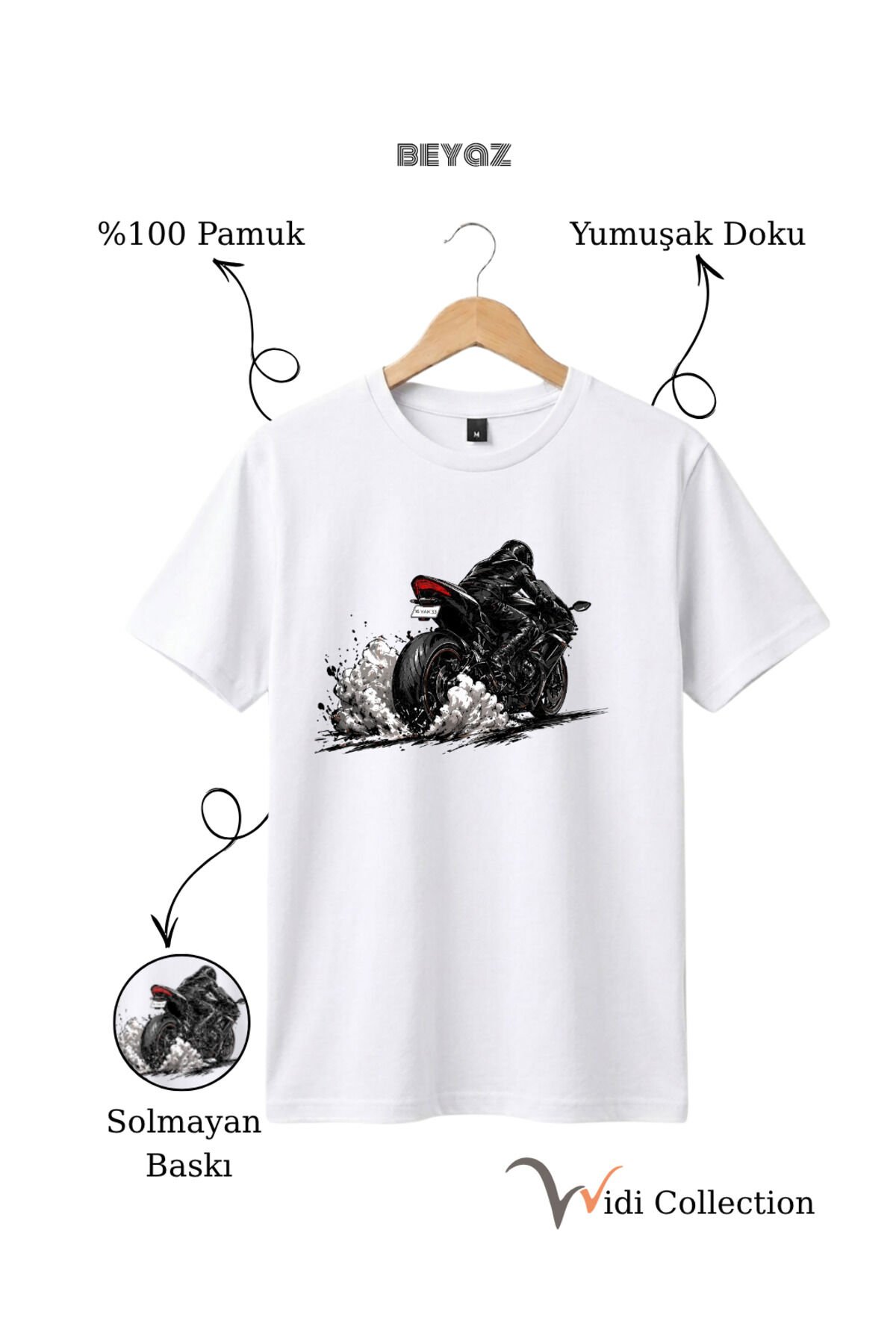 Motor Lastik Duman Efektli %100 Pamuk Regular Fit Unisex T-Shirt Beyaz - L