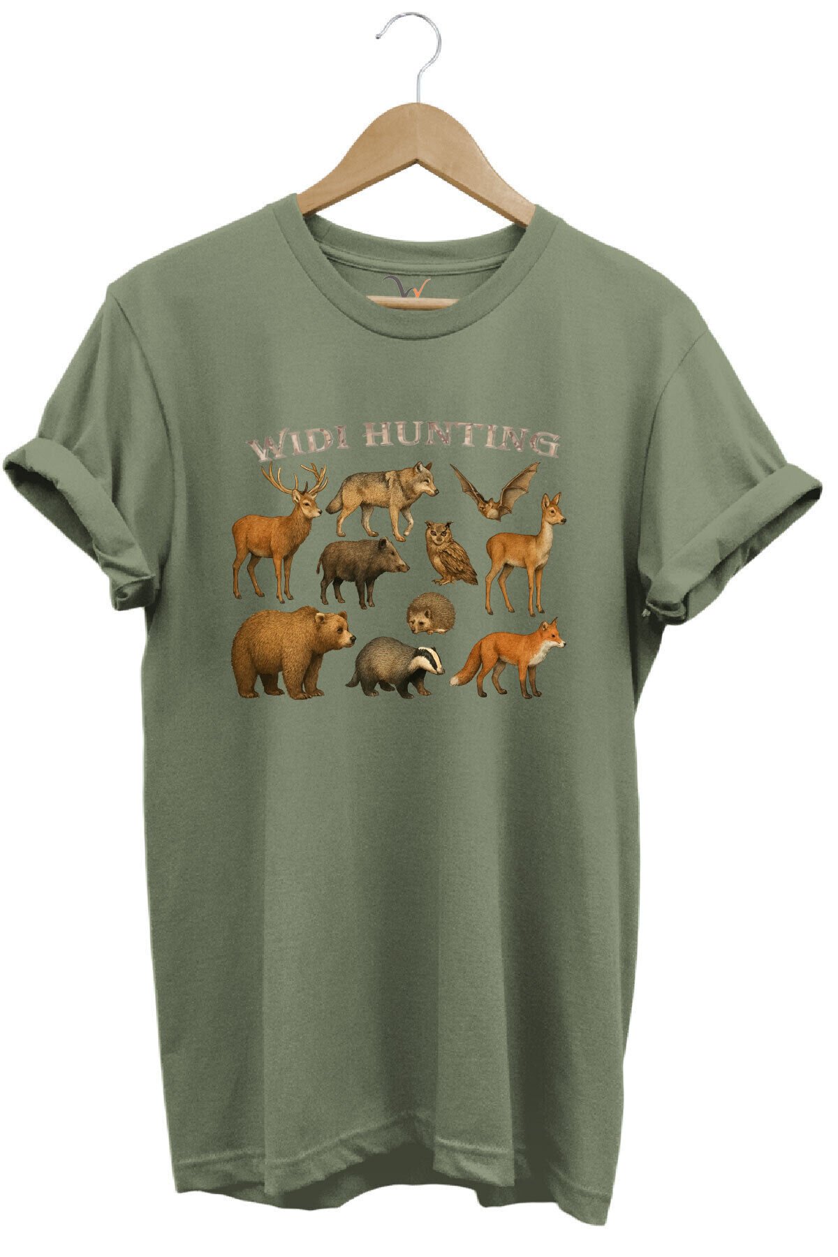 Widi Hunting Vahşi Yaşam Geyik Ayı Kurt Baskılı %100 Pamuk Regular Fit Bisiklet Yaka Siyah T-shirt Haki - 3XL