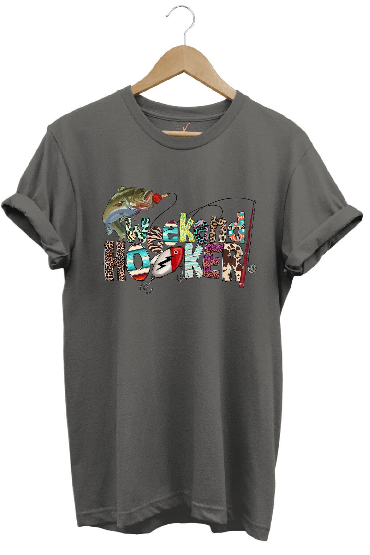 Balıkçılık Wekeend Hooker Yazı Baskılı Balık ve Olta Takımı Desenli %100 Pamuk Regular Fit T-Shirt Gri - 2XL